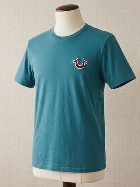 True Religion Buddha Graphic Tee Teal Blue Red Horseshoe Logo Medium